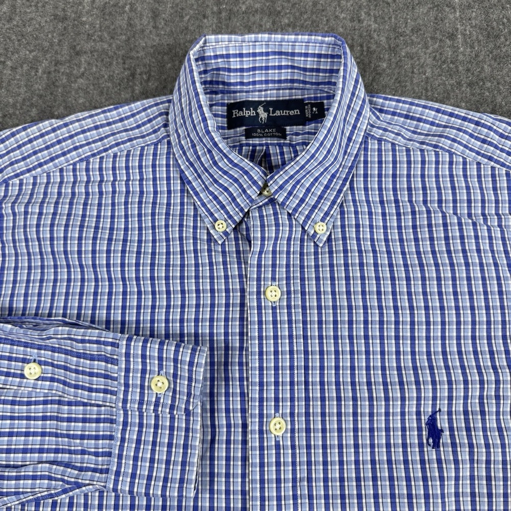 Ralph Lauren Blake Men's Medium Blue Plaid Button Down Shirt 100% Cotton